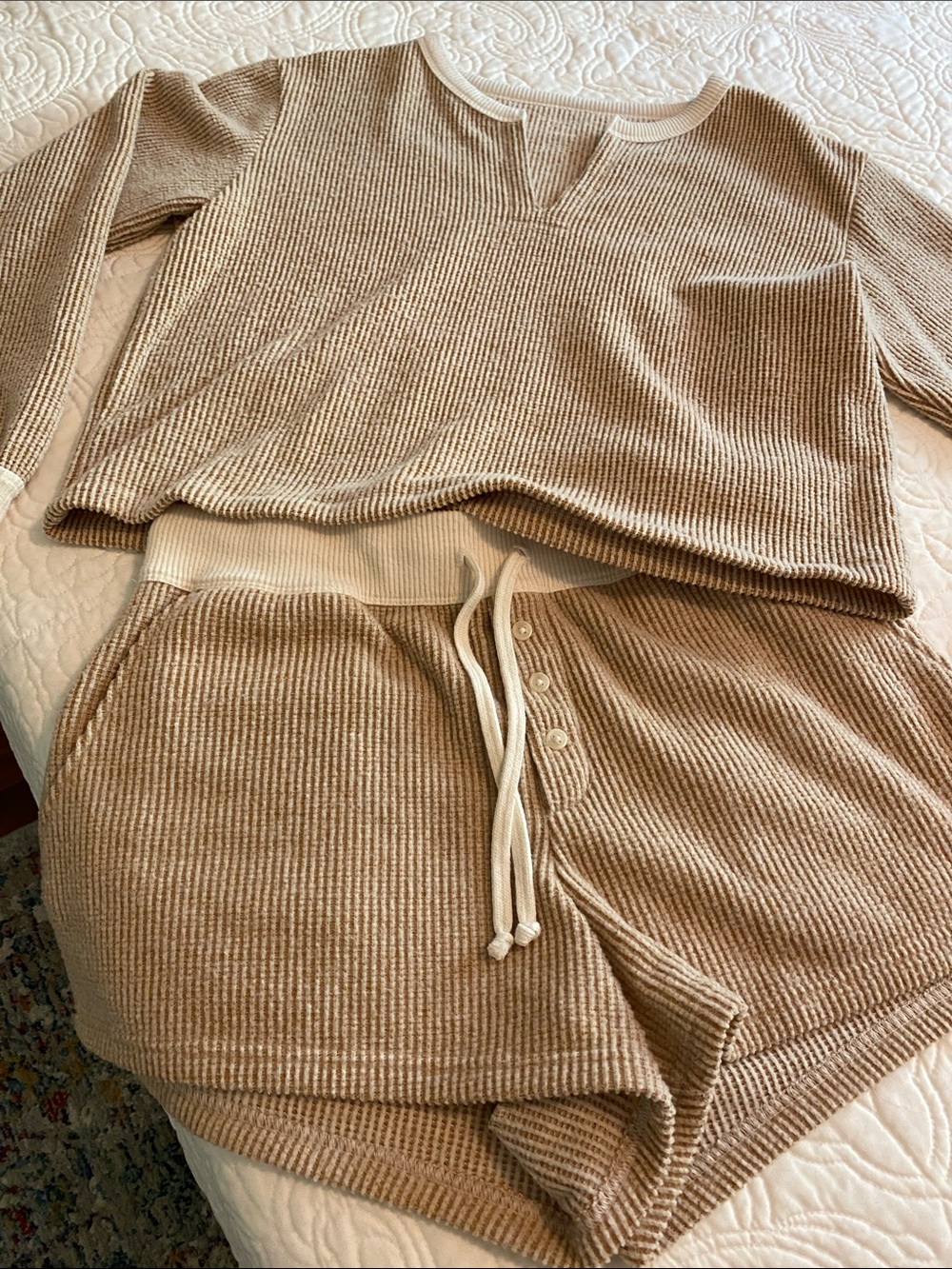 American Eagle Ribbed Knit Lounge Set in Tan and Cream